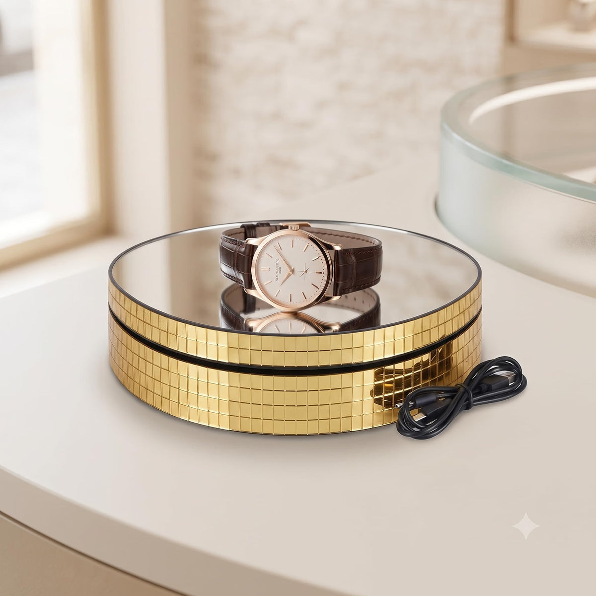 JEWELTECH Rotating Display Stand with Mirror Top  360° | USB Powered Jewellery & Product Display Turntable