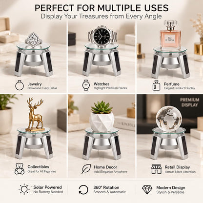 Solar Powered 360° Rotating Display Stand with Glass Turntable for Jewellery, Watches & More