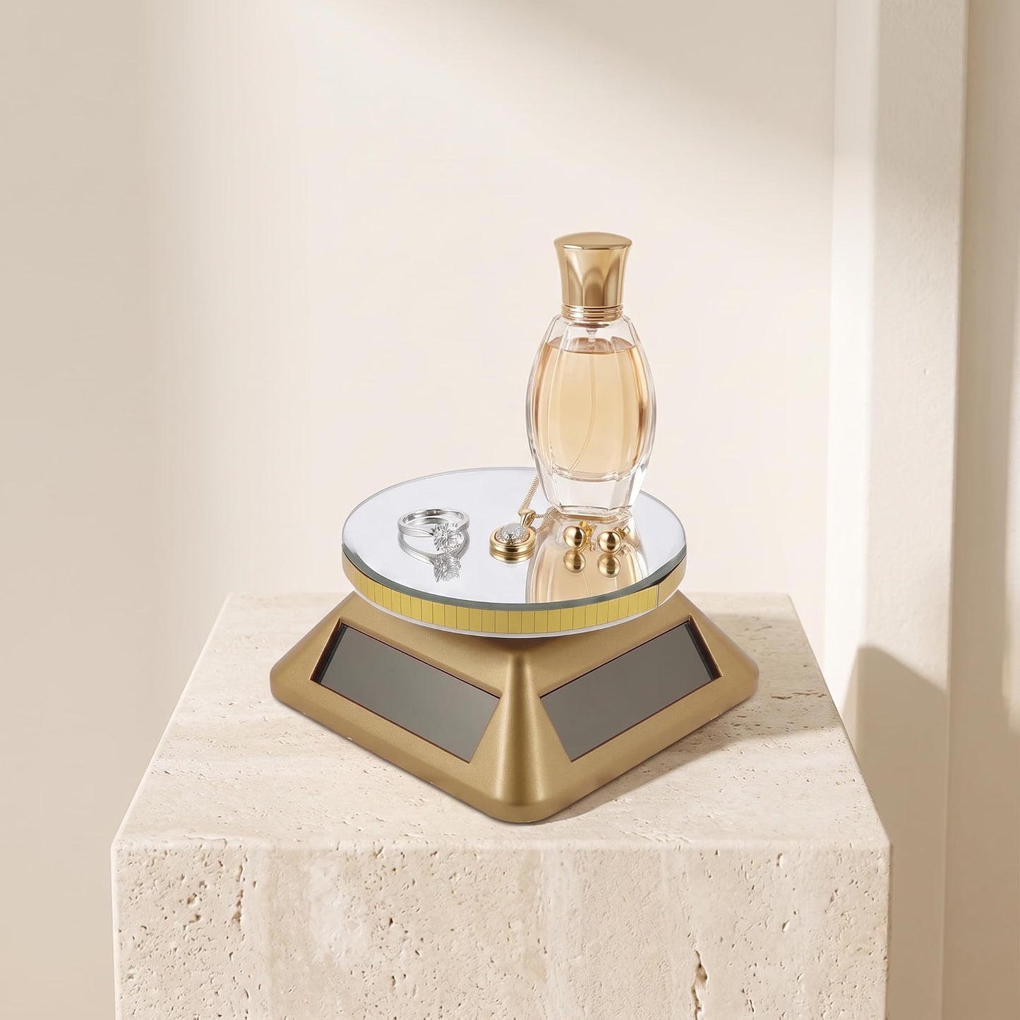 JEWELTECH Solar Powered 360° Rotating Display Stand for Jewellery | 9cm Mirror Turntable