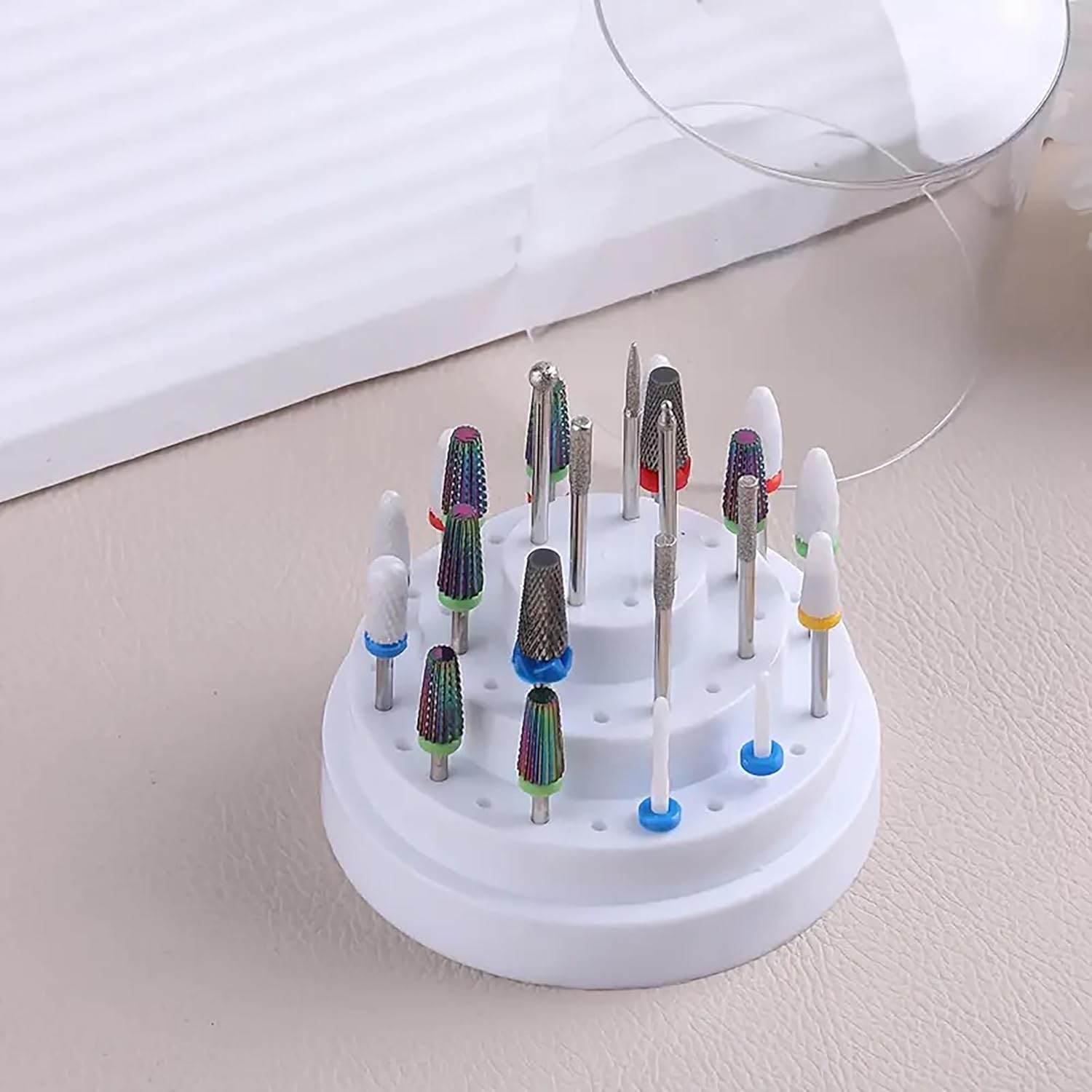 Nail Drill Bit Holder showing carbide and ceramic bits arranged