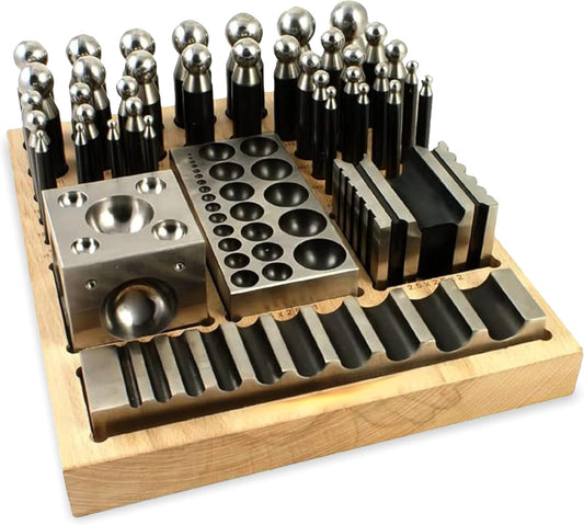 Surya 41-Piece Doming Block and Punch Set with Wood Base – Jewelry Making Tools for Metal Forming, Coin Ring Crafting, and Dapping Work