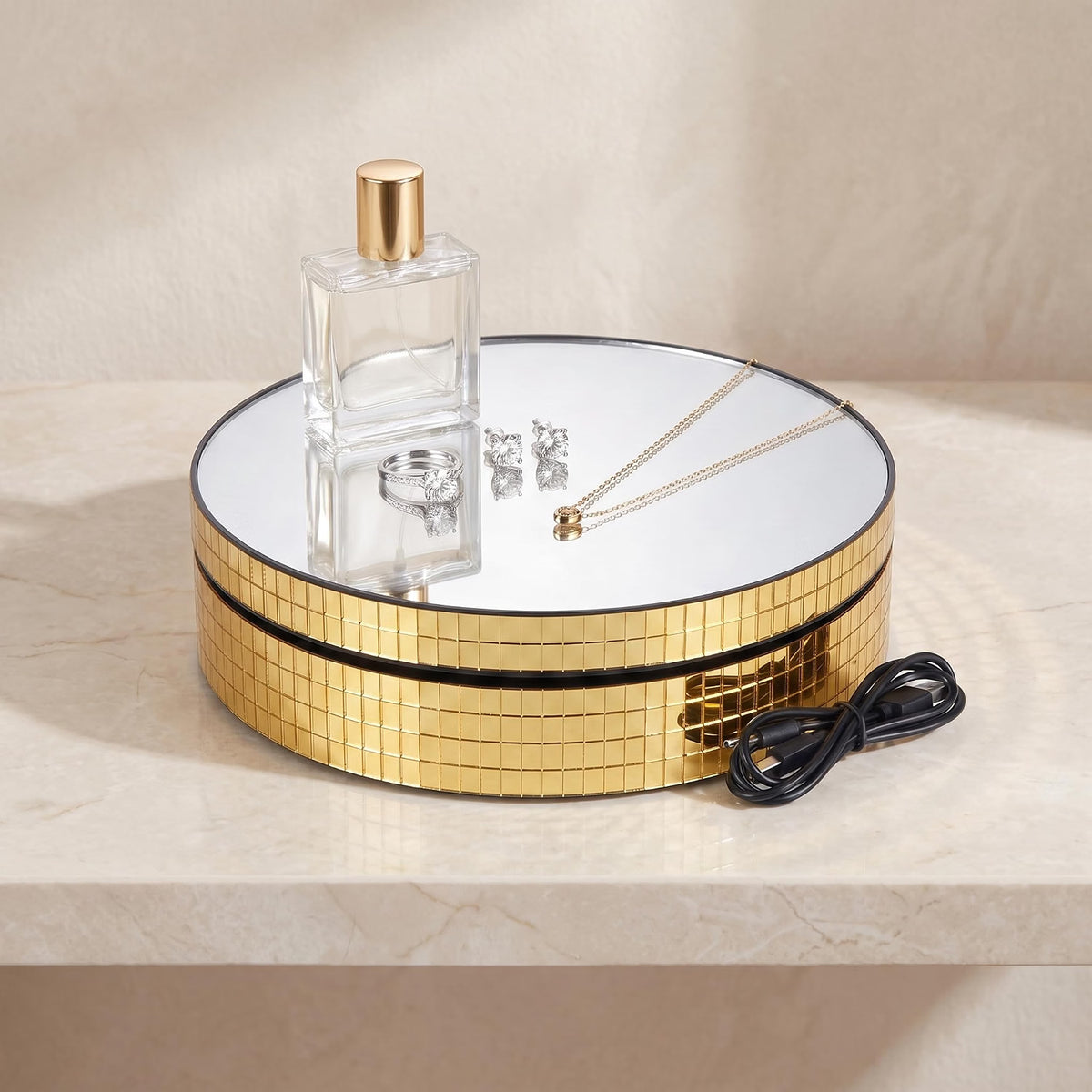 JEWELTECH Rotating Display Stand with Mirror Top  360° | USB Powered Jewellery & Product Display Turntable