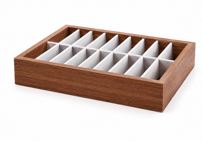 Wooden jewelry organizer with white compartments on a white background