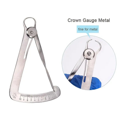 Metal crown gauge with close-up detail on a white background