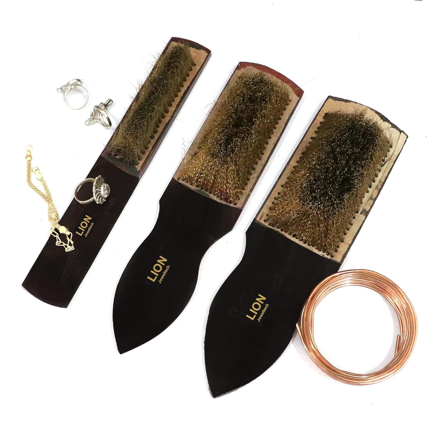 Jeweltech brass wire brush set with rings and copper wire – multipurpose polishing tool