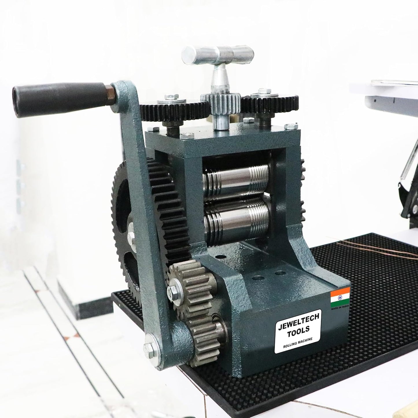 Angled view of Jeweltech 4 Inch Rolling Mill Machine heavy duty jewellery tool for wire and sheet