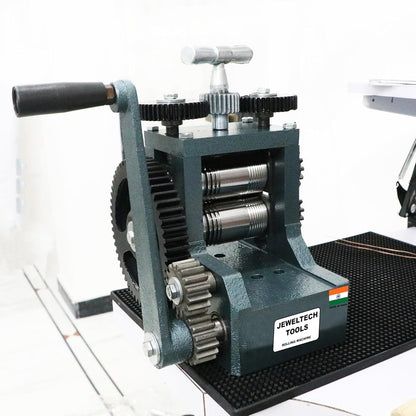 Angled view of Jeweltech 4 Inch Rolling Mill Machine heavy duty jewellery tool for wire and sheet