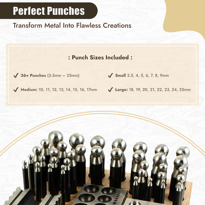 Close-up of Surya doming punches showing included sizes from 3.5mm to 25mm for metal crafting