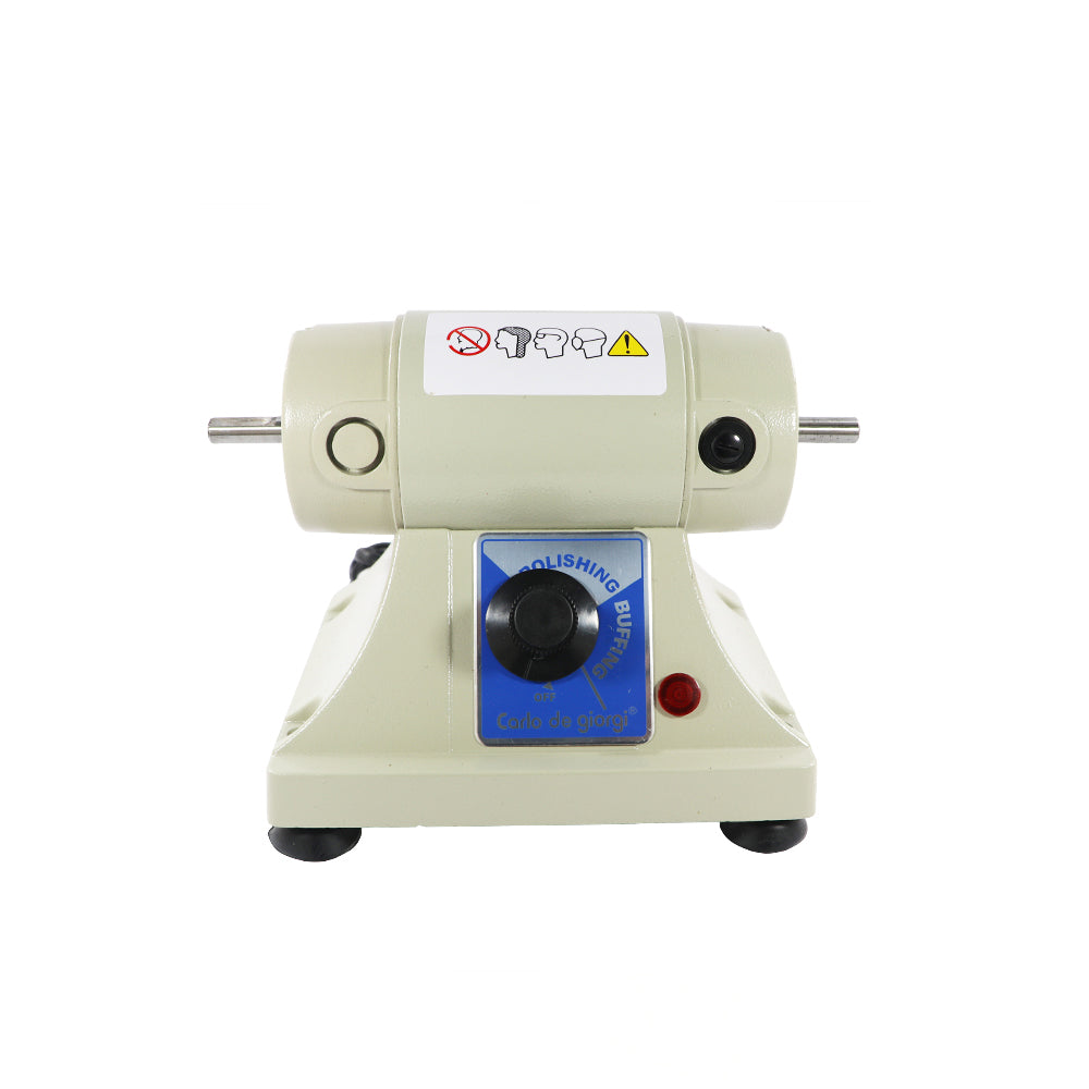 Jewelry buffing machine front view showing shaft attachments for polishing wheels and compact benchtop design.