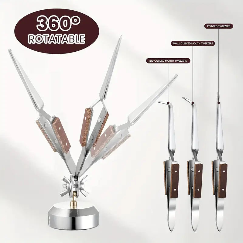 Third Hand Soldering Tweezers with Base Set of 2 – 360° Swivel Jewelry Support Stand 