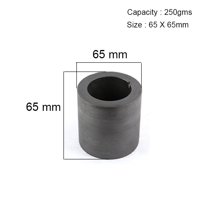 Graphite crucible with 250gm capacity and 65x65mm size, ideal for gold and silver melting applications