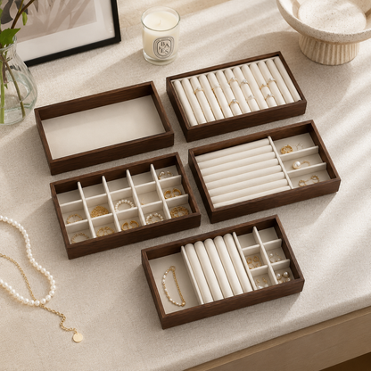 Jeweltech Heritage Solid Wooden Jewellery Display Tray Set of 5 – Premium Ring, Earring & Accessory Organizer Collection