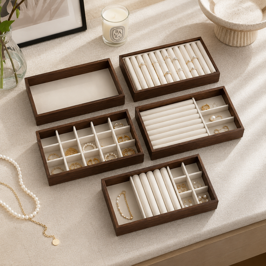 Jeweltech Heritage Solid Wooden Jewellery Display Tray Set of 5 – Premium Ring, Earring & Accessory Organizer Collection