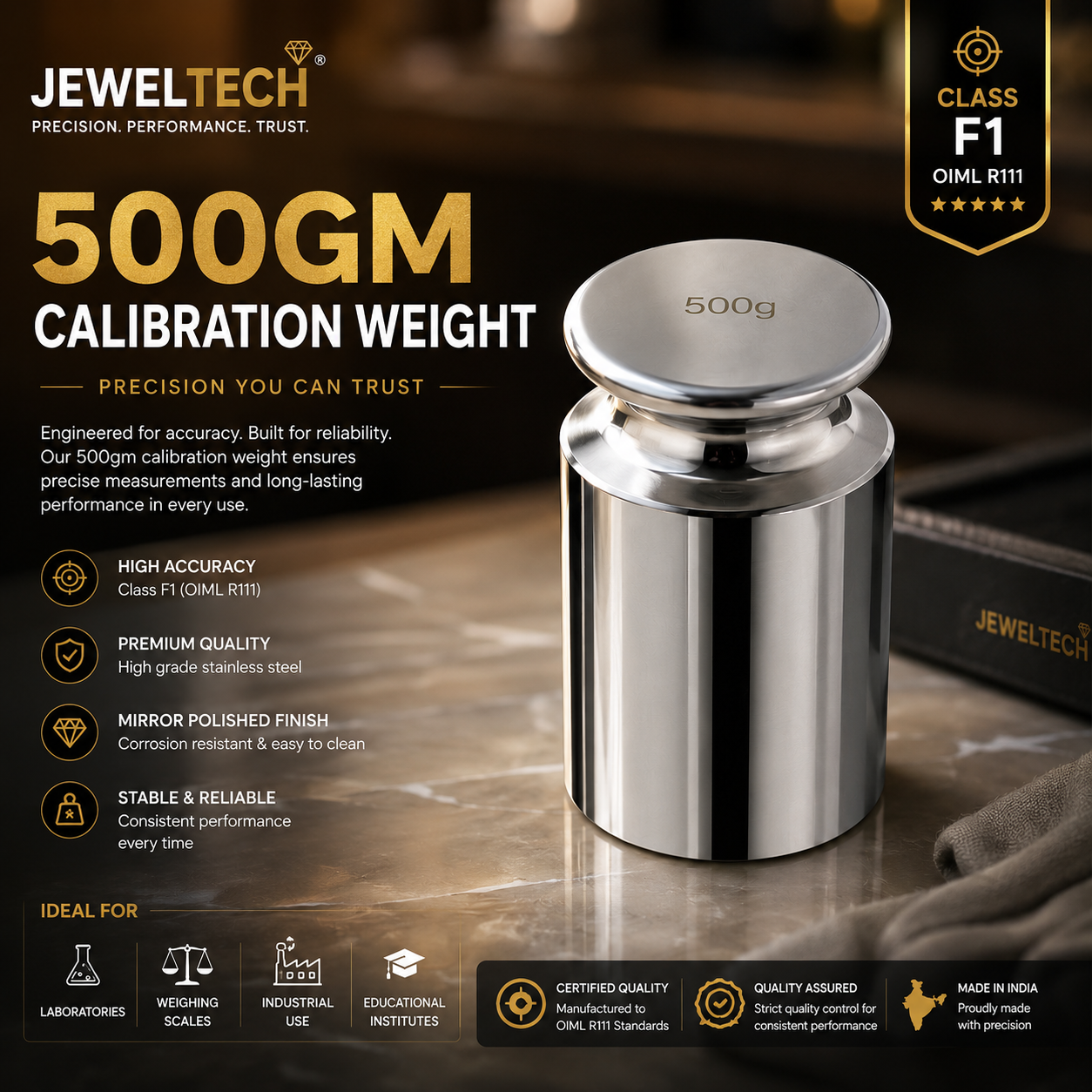 Jeweltech 500GM Stainless Steel Calibration Weight – Class F1 OIML R111 Precision Weight | Mirror Polished | High Accuracy Standard Weight for Weighing Scales & Laboratories
