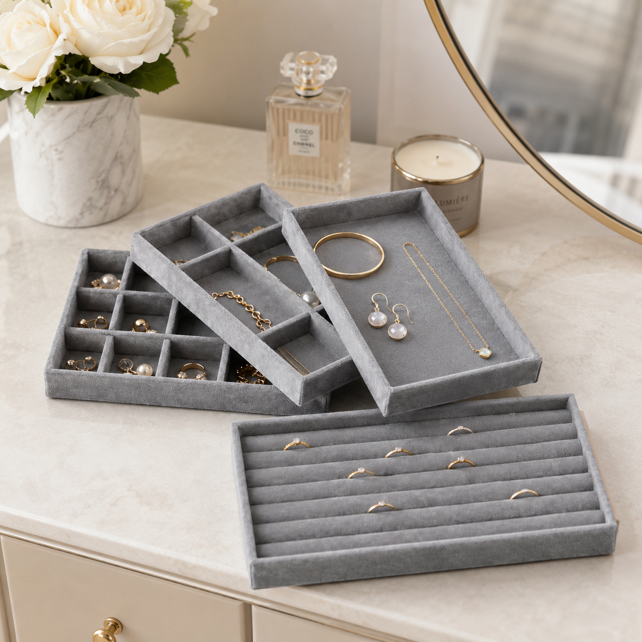 Jeweltech Jewelry Trays Set (5),Grey Velvet Stackable Organizer Trays,Drawer Inserts Jewelry Display Case For Rings Stud Necklaces Earring Organizer Tray