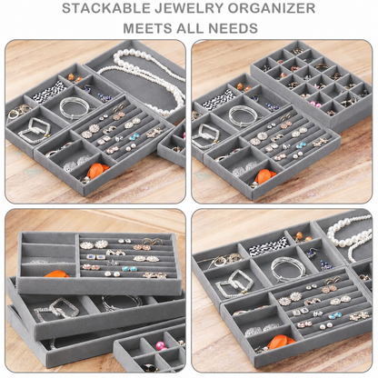 Jeweltech Jewelry Trays Set (5),Grey Velvet Stackable Organizer Trays,Drawer Inserts Jewelry Display Case For Rings Stud Necklaces Earring Organizer Tray