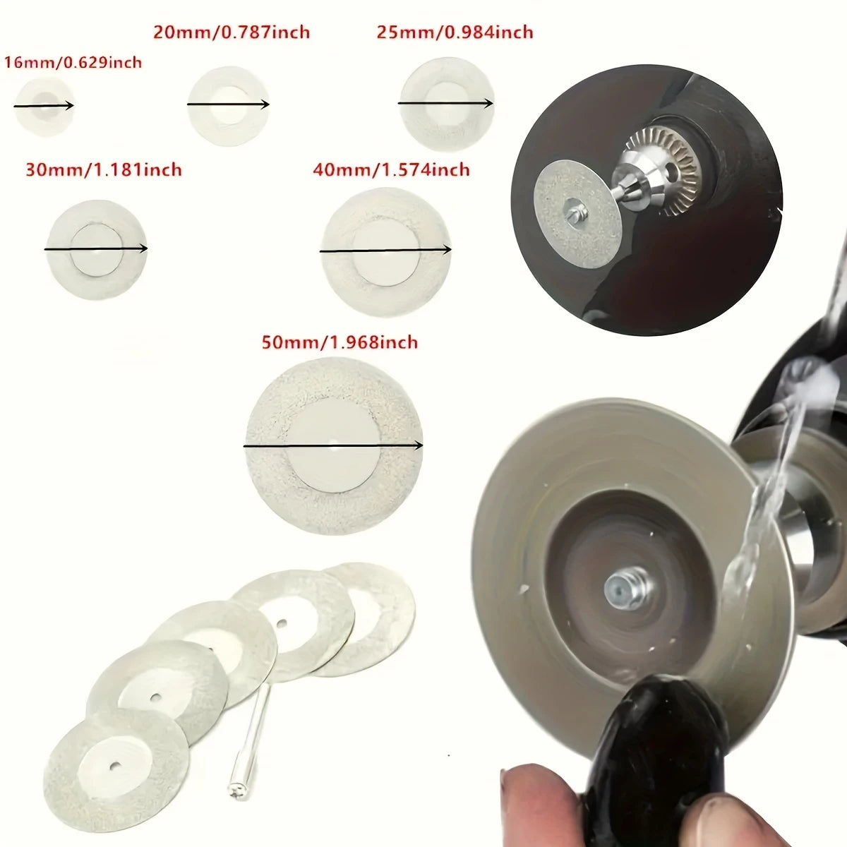 Assorted diamond cutting wheels for jewelry tools in multiple sizes.