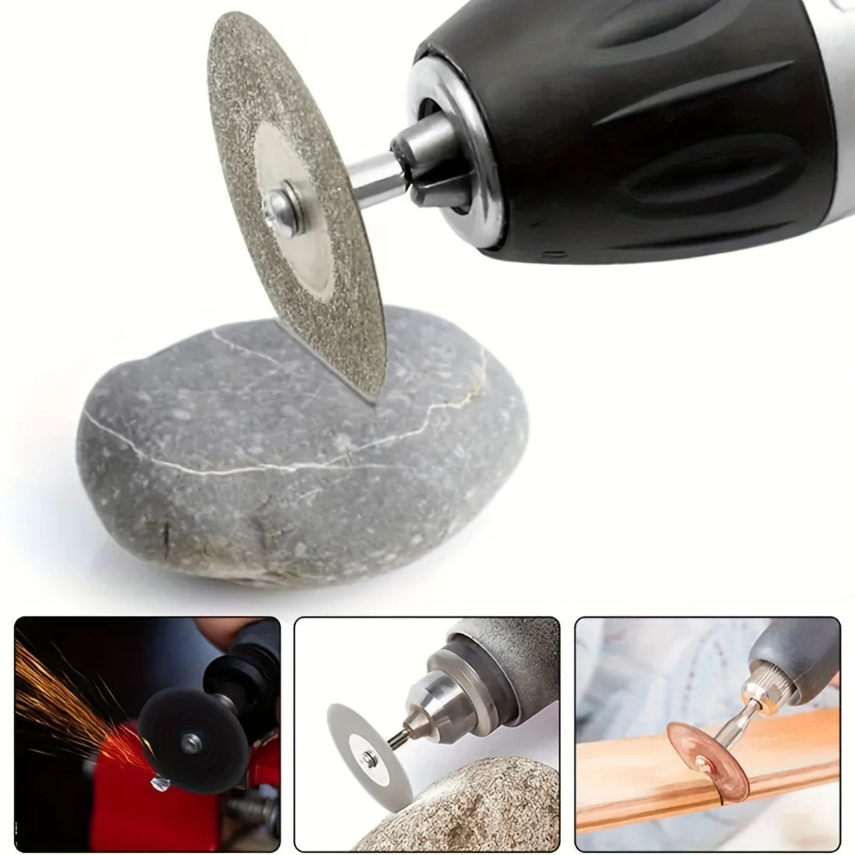 Rotary drill with diamond disc cutting stone and wood surfaces.