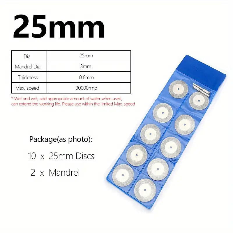 Diamond cutting wheel set 25mm with 2 mandrels and max speed info shown.