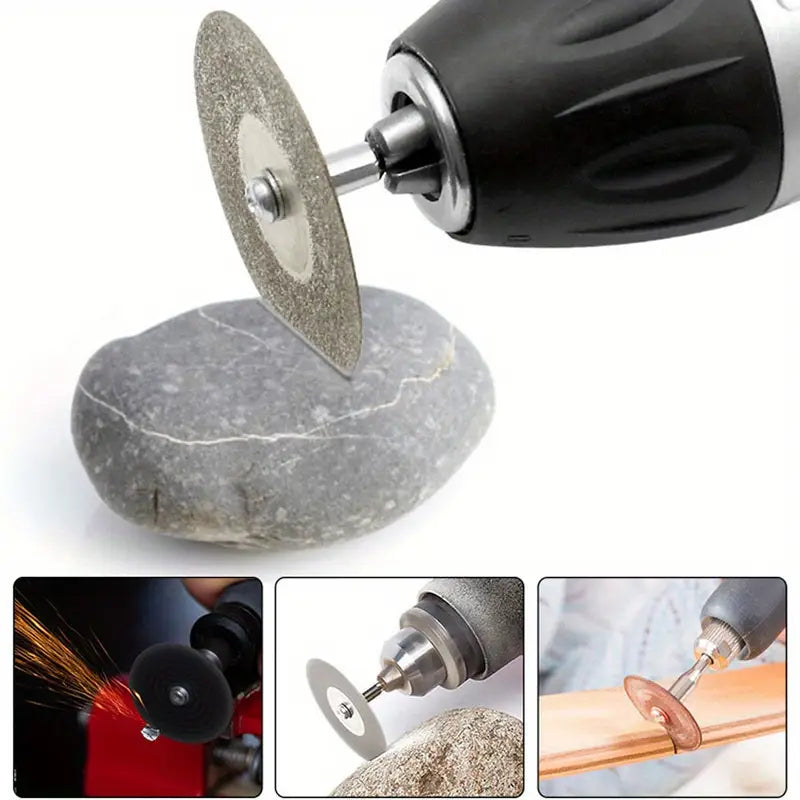 Diamond cutting wheel attached to rotary drill cutting stone surface - ideal for jewelry, metal, and wood cutting applications