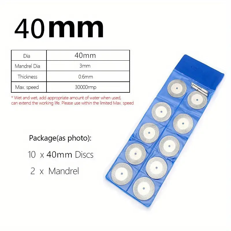 40mm diamond cutting discs with 2 mandrels - rotary tool accessories for metal, wood, and jewelry cutting
