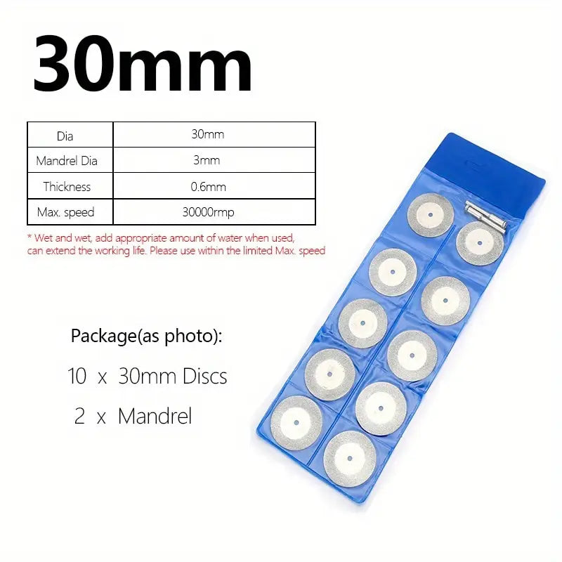 30mm diamond cutting discs for rotary tools - includes 10 discs and 2 mandrels for grinding, carving, and slicing