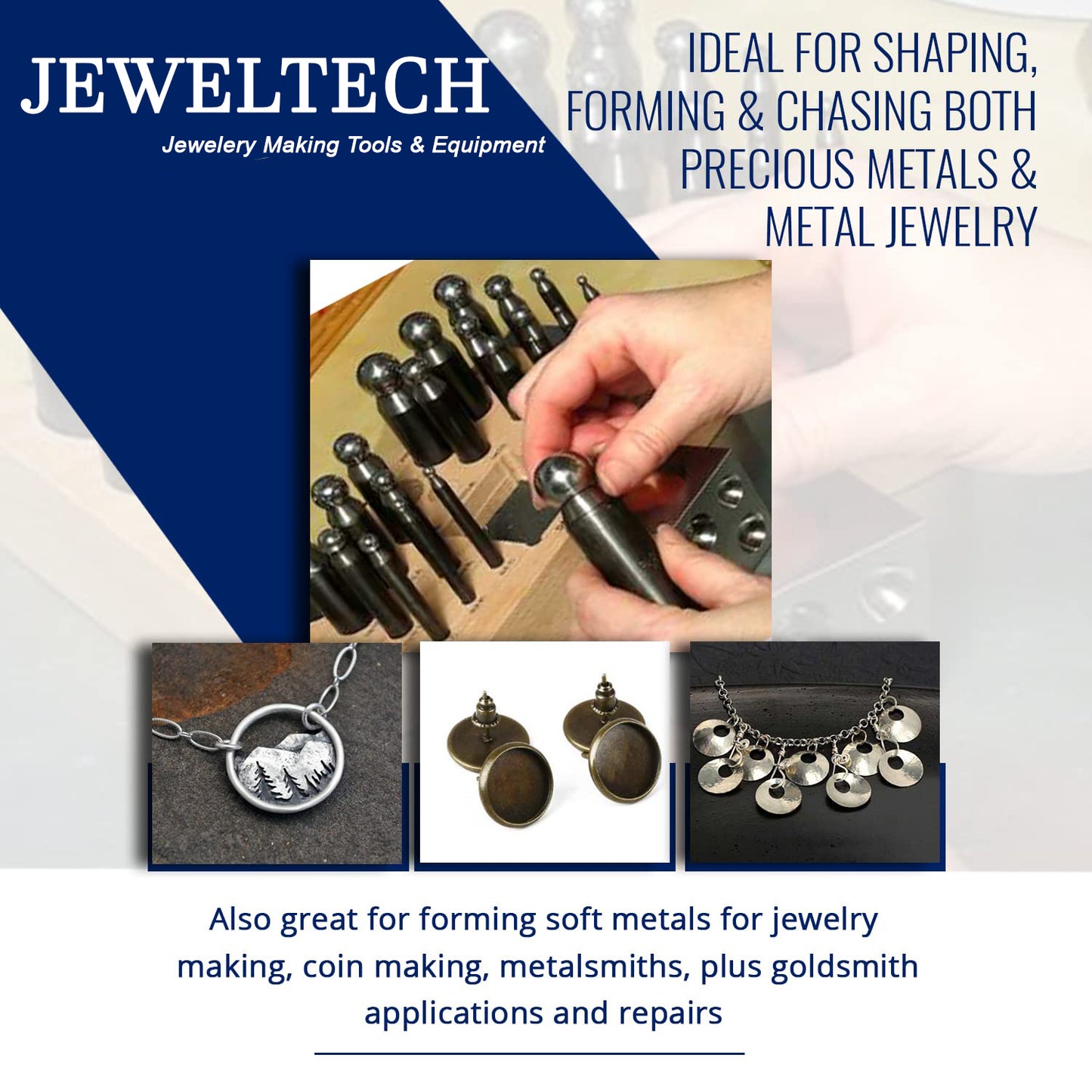 Hardened steel jewelry punches with engraved sizes on wooden base

