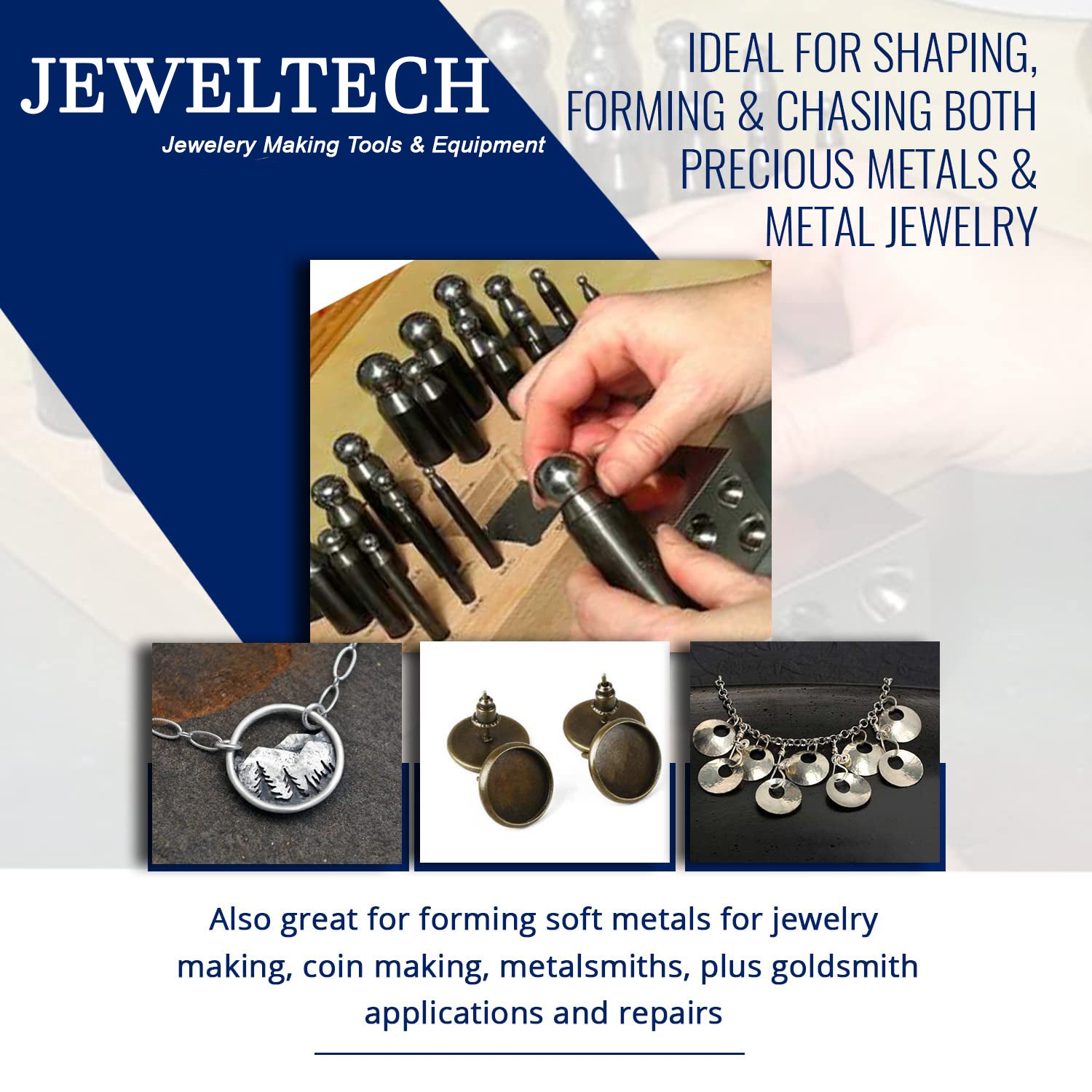 Hardened steel jewelry punches with engraved sizes on wooden base

