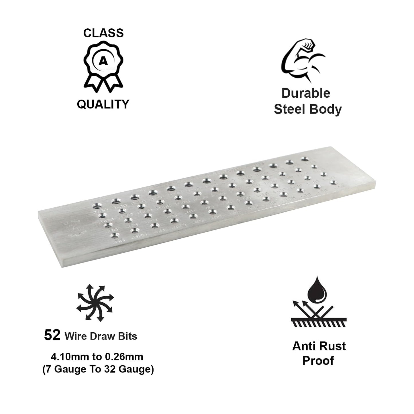 Jeweltech Tungsten Carbide Wire Drawplate – 52 Holes (0.26mm–4.10mm) Die Set for Gold, Silver, Copper Jewelry Wire Drawing and Craft Work Plate