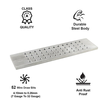 Jeweltech Tungsten Carbide Wire Drawplate – 52 Holes (0.26mm–4.10mm) Die Set for Gold, Silver, Copper Jewelry Wire Drawing and Craft Work Plate