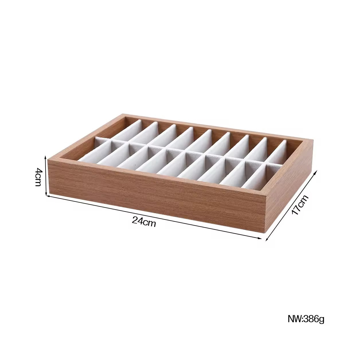 Wooden jewelry organizer with compartments and dimensions on a white background