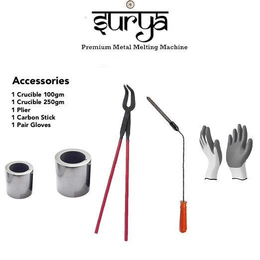 Surya premium metal melting machine accessories including crucibles, pliers, a carbon stick, and gloves.