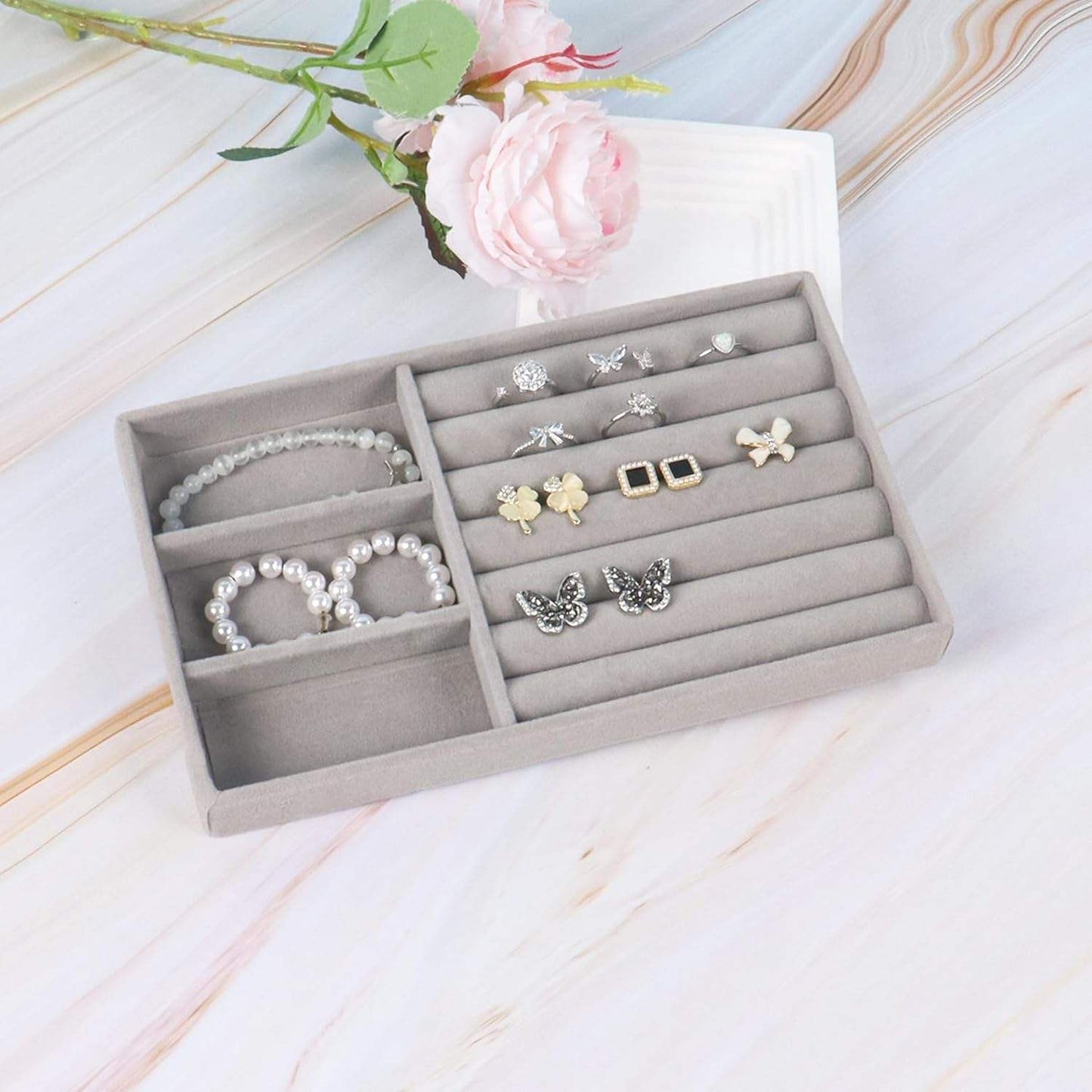 Jeweltech Jewelry Trays Set (5),Grey Velvet Stackable Organizer Trays,Drawer Inserts Jewelry Display Case For Rings Stud Necklaces Earring Organizer Tray
