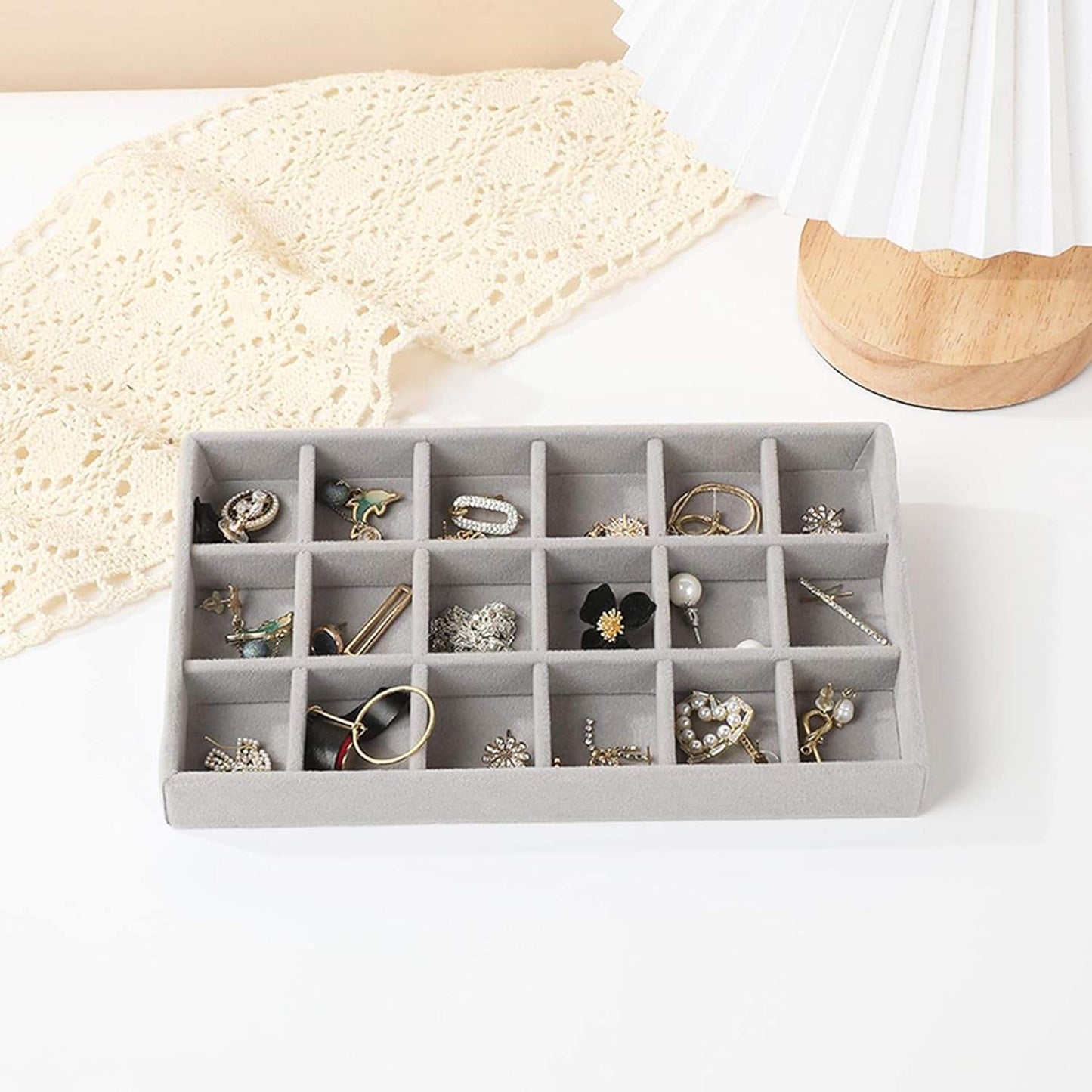 Jeweltech Jewelry Trays Set (5),Grey Velvet Stackable Organizer Trays,Drawer Inserts Jewelry Display Case For Rings Stud Necklaces Earring Organizer Tray