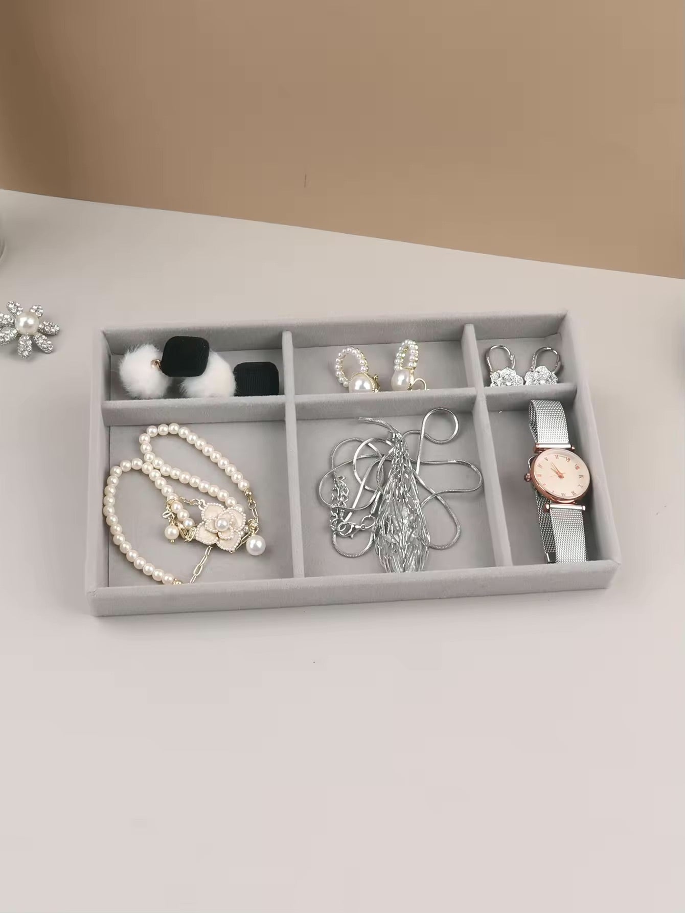 Jeweltech Jewelry Trays Set (5),Grey Velvet Stackable Organizer Trays,Drawer Inserts Jewelry Display Case For Rings Stud Necklaces Earring Organizer Tray