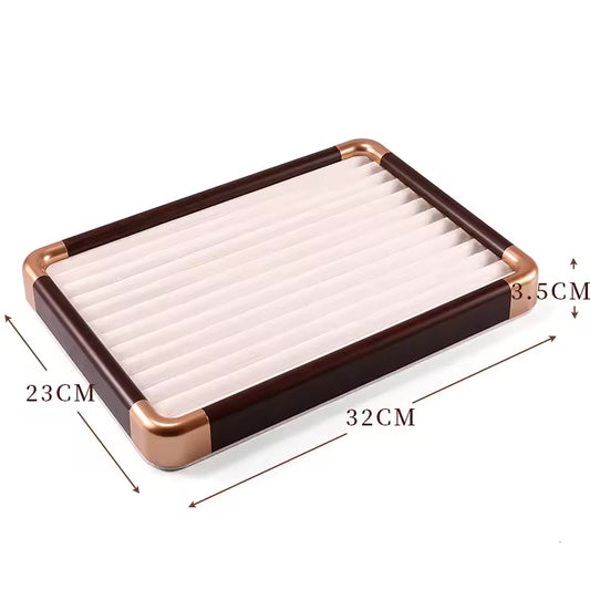 Jeweltech Wooden Ring Display Tray with Gold Trim, Wave Slot Velvet Ring Organizer 32x23cm Stackable Showcase Stand for Rings, Studs & Earrings, Retail Counter and Home Vanity Use