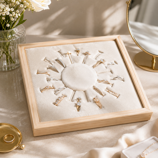 Set of earrings displayed in a wooden frame on a table with flowers and a mirror in the background.