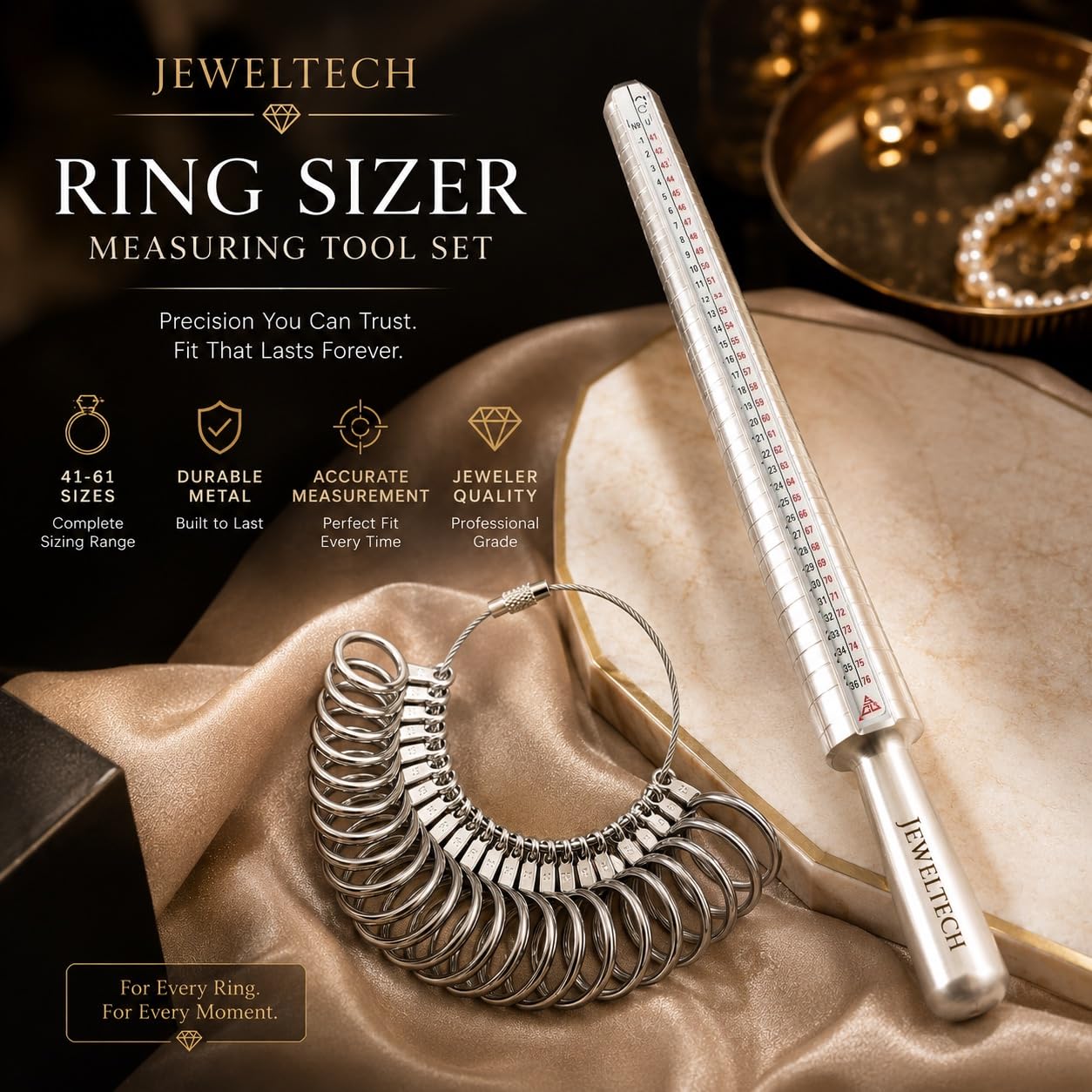 JEWELTECH Ring Sizer Measuring Tool Set with Mandrel | Metal Finger Size Gauge Kit (41–61 Sizes) | Jewellery Ring Measurement Tool for Accurate Sizing