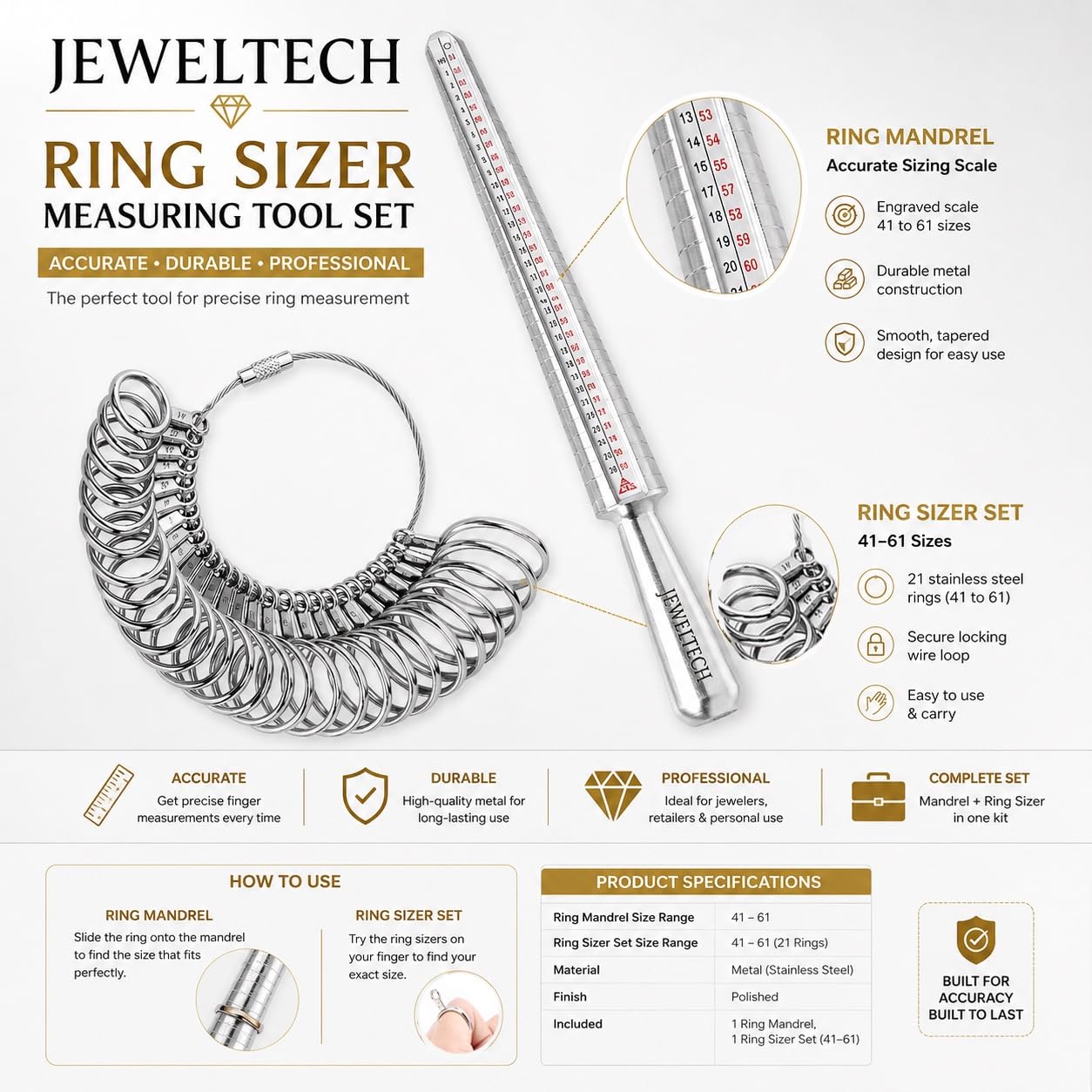 JEWELTECH Ring Sizer Measuring Tool Set with Mandrel | Metal Finger Size Gauge Kit (41–61 Sizes) | Jewellery Ring Measurement Tool for Accurate Sizing