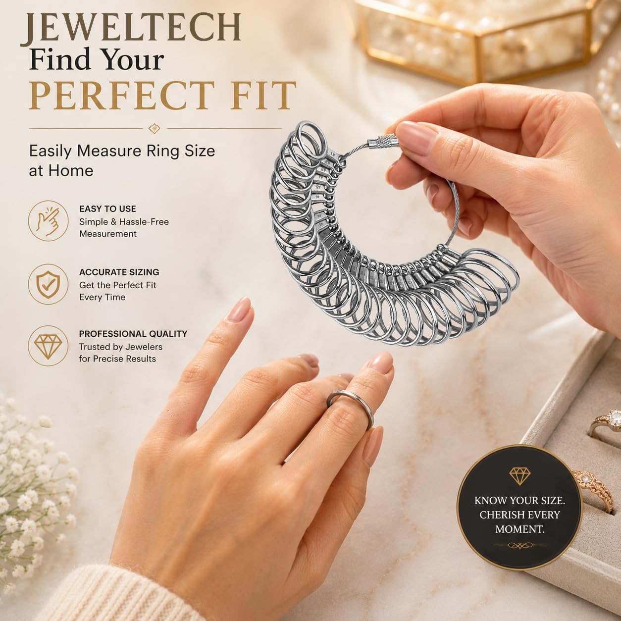 JEWELTECH Ring Sizer Measuring Tool Set with Mandrel | Metal Finger Size Gauge Kit (41–61 Sizes) | Jewellery Ring Measurement Tool for Accurate Sizing