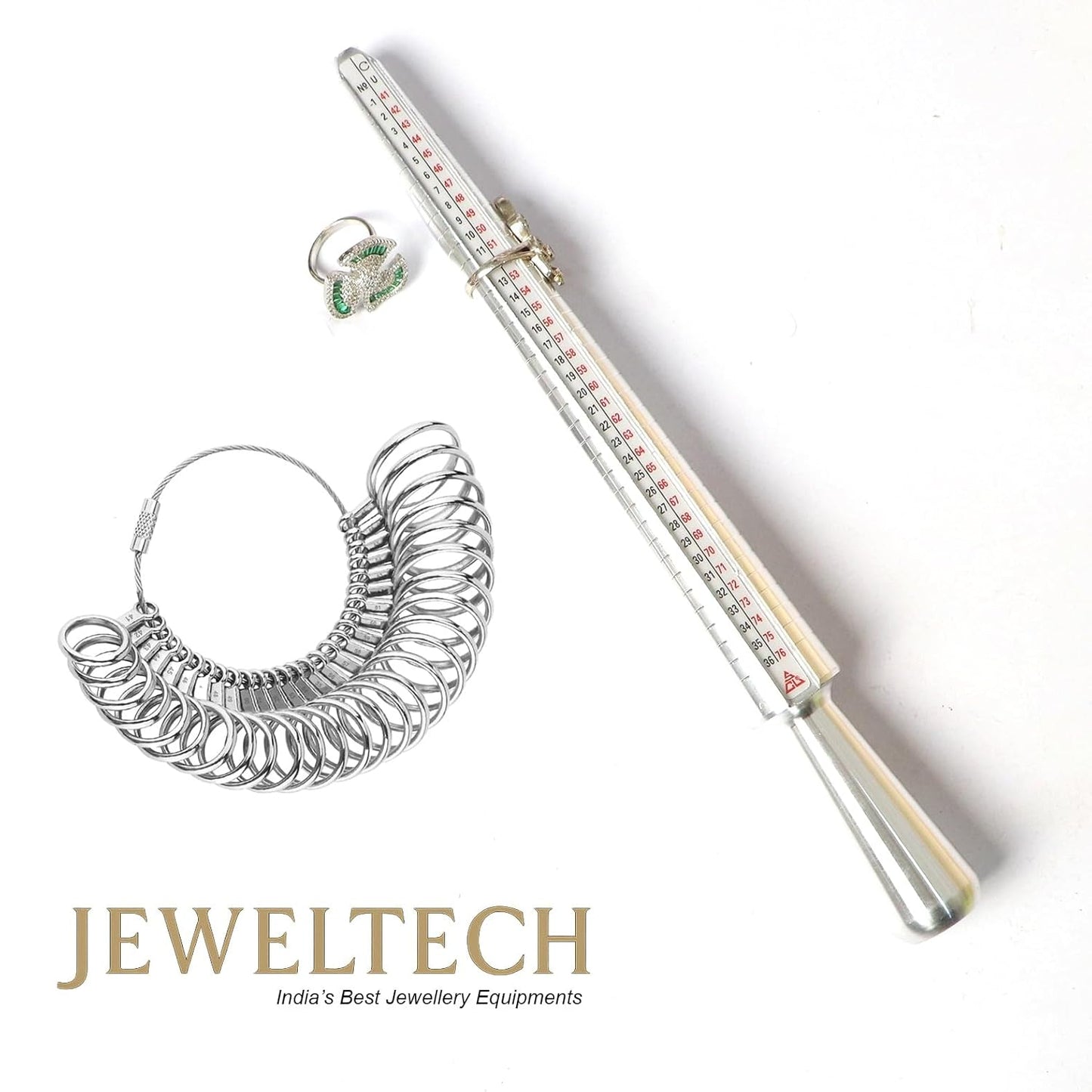 JEWELTECH Ring Sizer Measuring Tool Set with Mandrel | Metal Finger Size Gauge Kit (41–61 Sizes) | Jewellery Ring Measurement Tool for Accurate Sizing