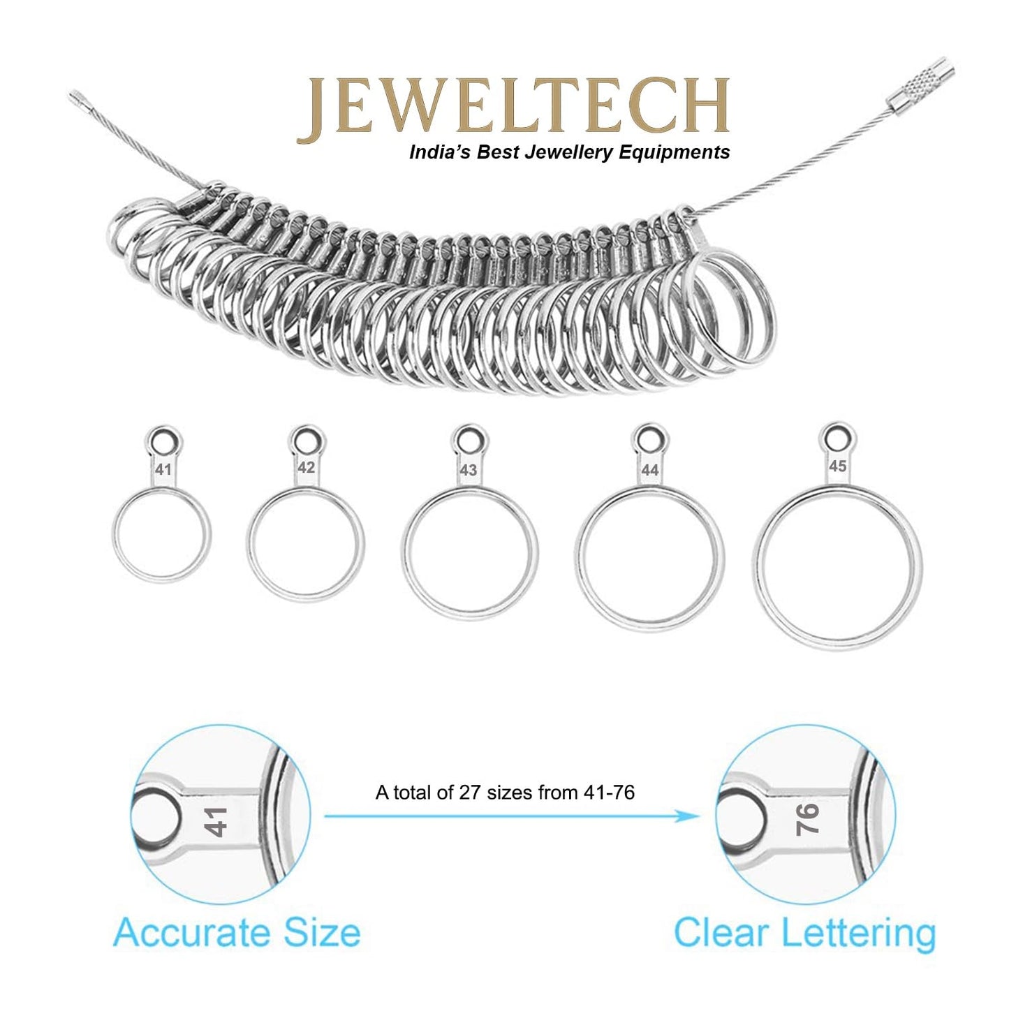 JEWELTECH Ring Sizer Measuring Tool Set with Mandrel | Metal Finger Size Gauge Kit (41–61 Sizes) | Jewellery Ring Measurement Tool for Accurate Sizing