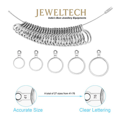 JEWELTECH Ring Sizer Measuring Tool Set with Mandrel | Metal Finger Size Gauge Kit (41–61 Sizes) | Jewellery Ring Measurement Tool for Accurate Sizing
