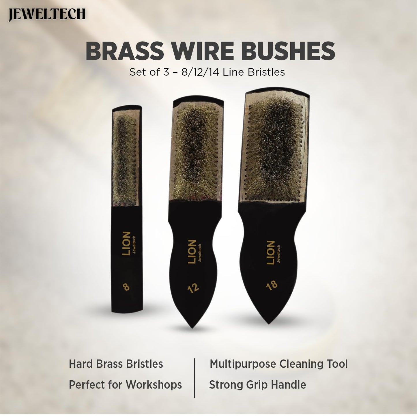 Jeweltech Brass Wire Brushes Set of 3 – 8/12/14 Line Bristles –Multipurpose Cleaning & Polishing – Durable Hard Wire for Effective Cleaning