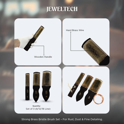Jeweltech Brass Wire Brushes Set of 3 – 8/12/14 Line Bristles –Multipurpose Cleaning & Polishing – Durable Hard Wire for Effective Cleaning