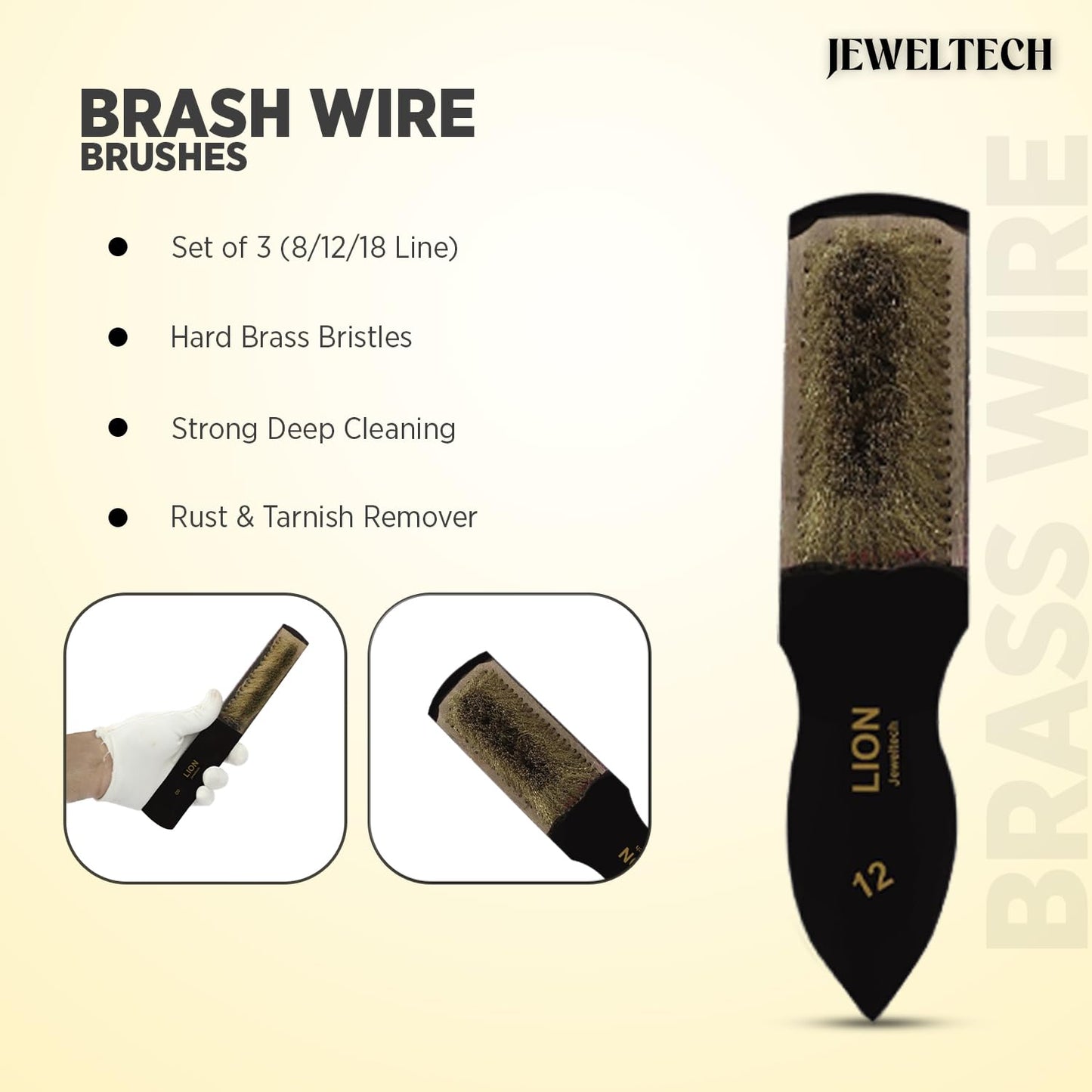 Jeweltech Brass Wire Brushes Set of 3 – 8/12/14 Line Bristles –Multipurpose Cleaning & Polishing – Durable Hard Wire for Effective Cleaning