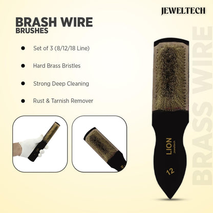 Jeweltech Brass Wire Brushes Set of 3 – 8/12/14 Line Bristles –Multipurpose Cleaning & Polishing – Durable Hard Wire for Effective Cleaning