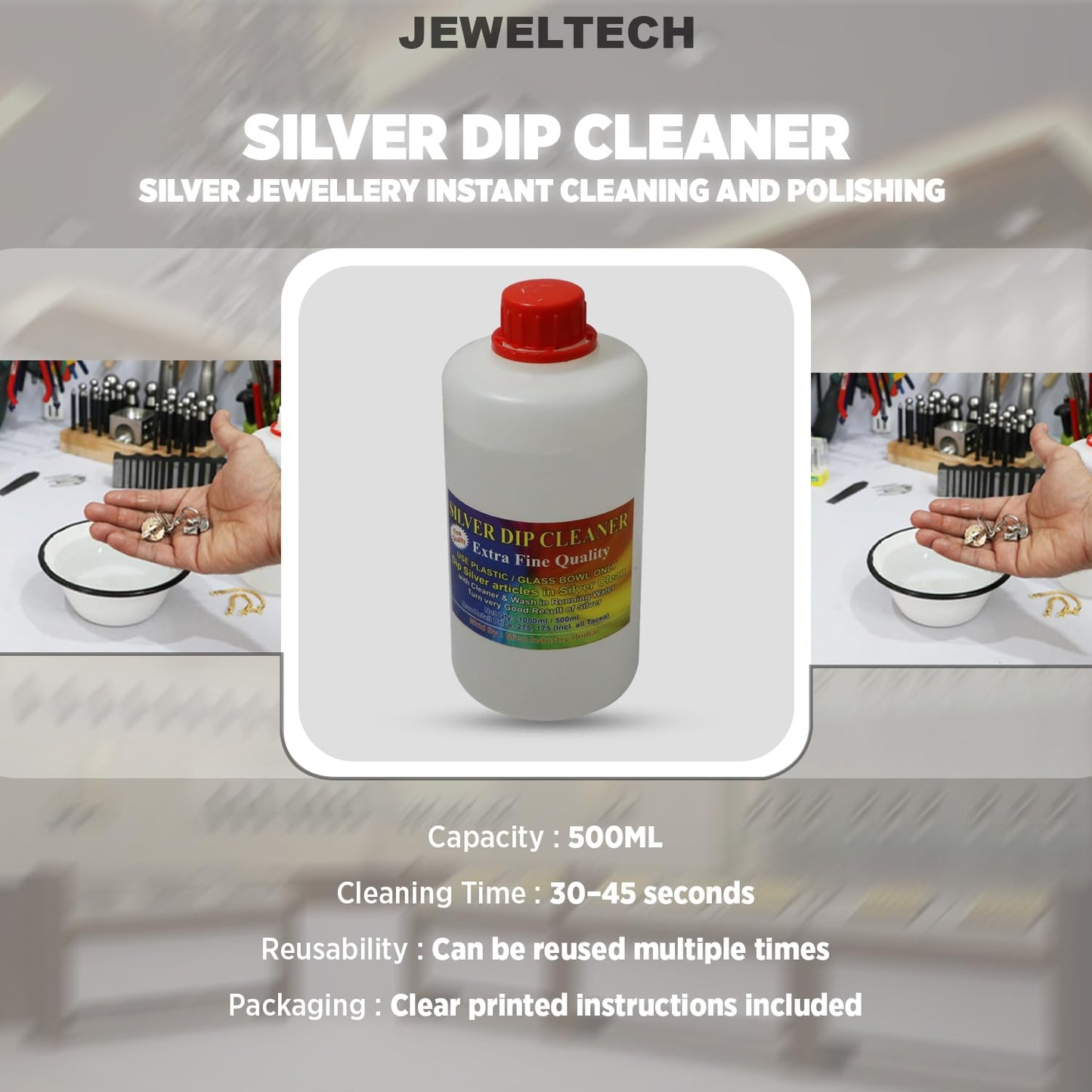 Jeweltech Silver Dip Cleaner for Silver Jewellery Instant Cleaning and Polishing – Solution for Professional Shine, Jewellery Cleaning Liquid for Rings, Chains, Anklets, and Ornaments (500ml)