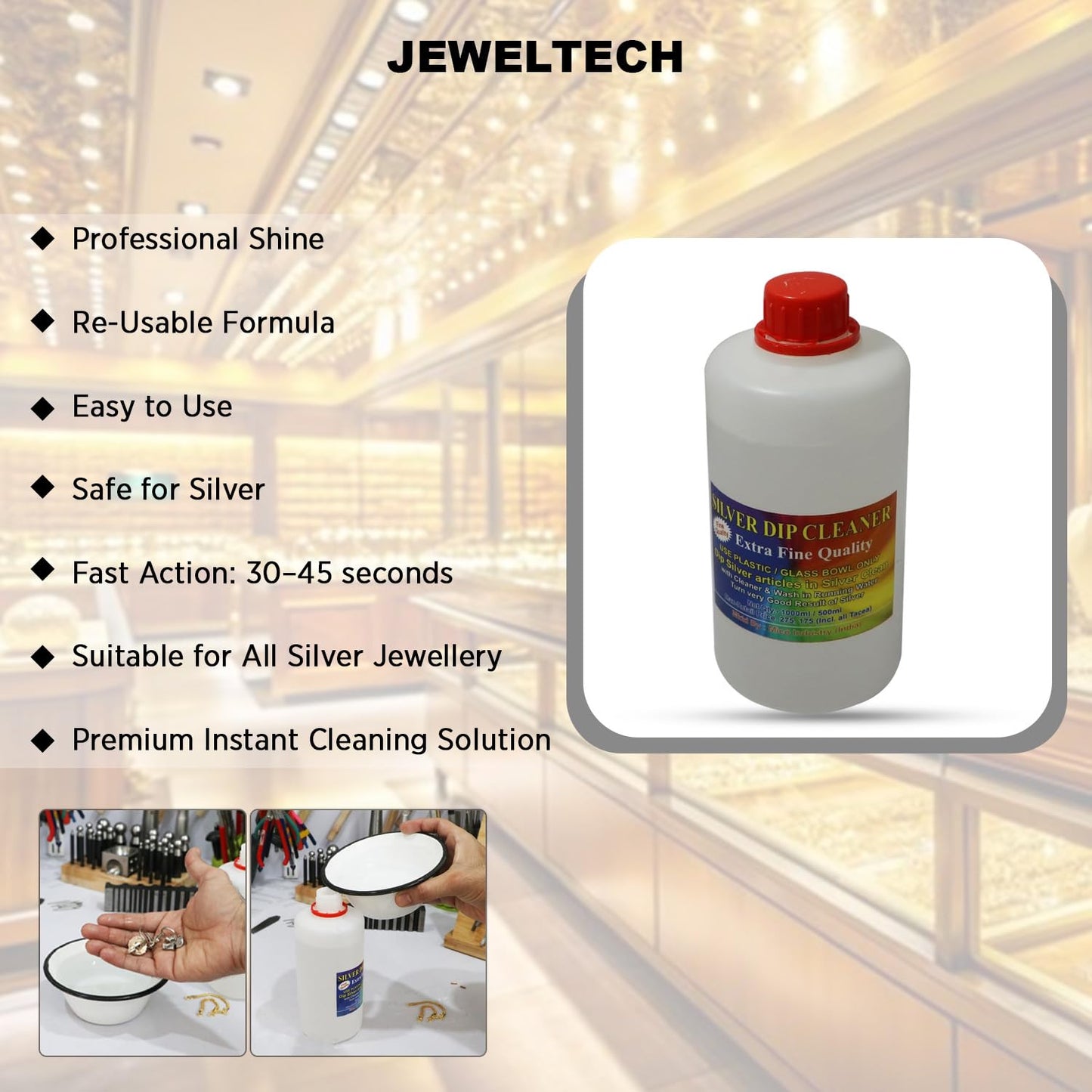 Jeweltech Silver Dip Cleaner for Silver Jewellery Instant Cleaning and Polishing – Solution for Professional Shine, Jewellery Cleaning Liquid for Rings, Chains, Anklets, and Ornaments (500ml)