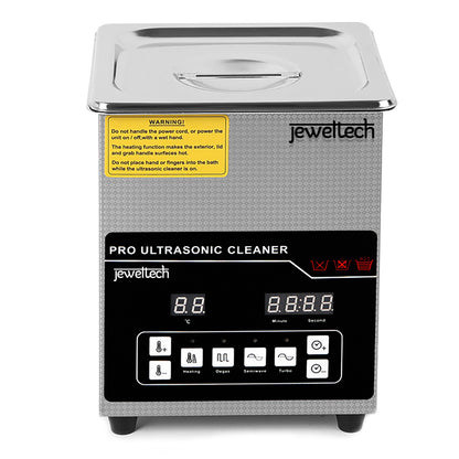 Jeweltech ultrasonic cleaner with digital display on a white background
